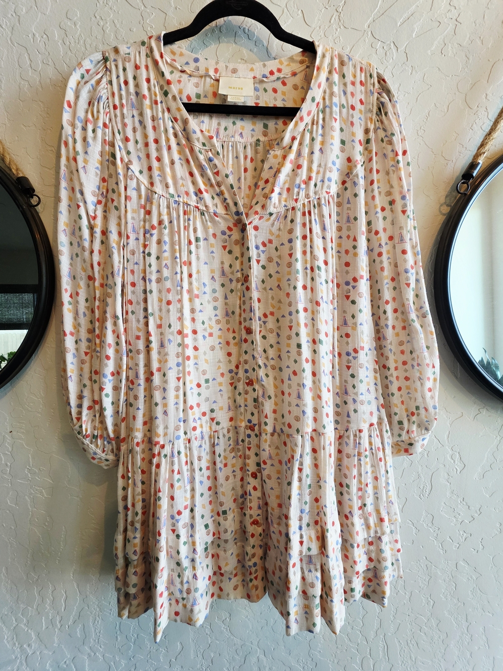 Boho Cream Multicolor Printed Women's Peasant Tunic Top